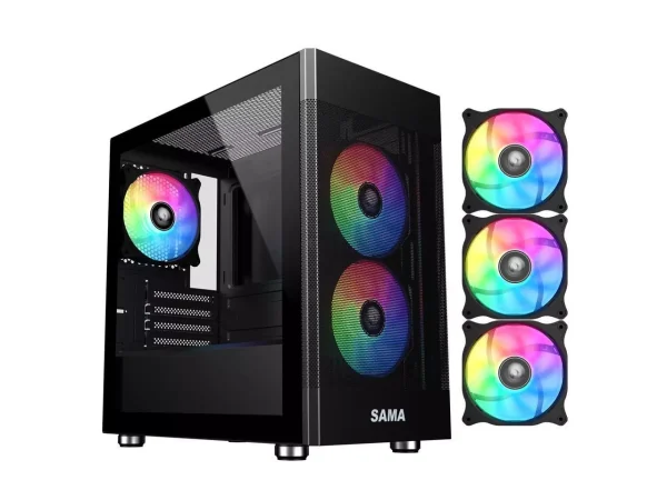 Sama ARGB Q5 Black Micro ATX Tower Gaming Computer Case, 3x120mm ARGB Fans